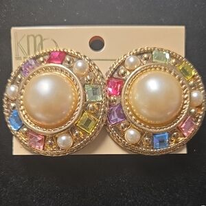 Gold and Multicolor Gemstone Clip On Earrings